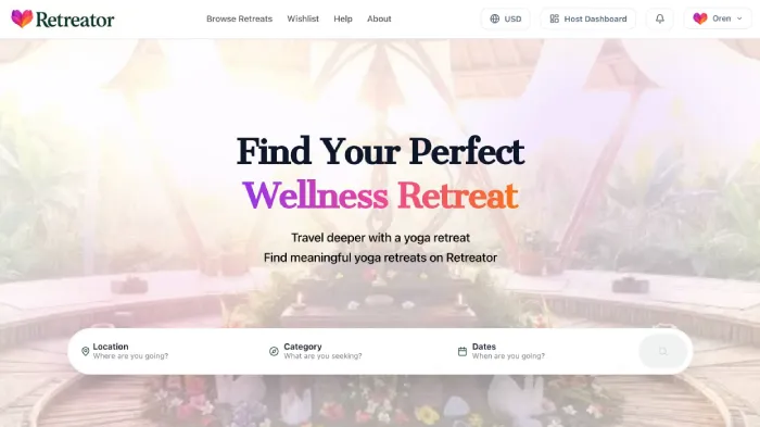 Website built for Retreator - wellness retreat marketplace, a project by Oren Knaan, the Technospiritualist